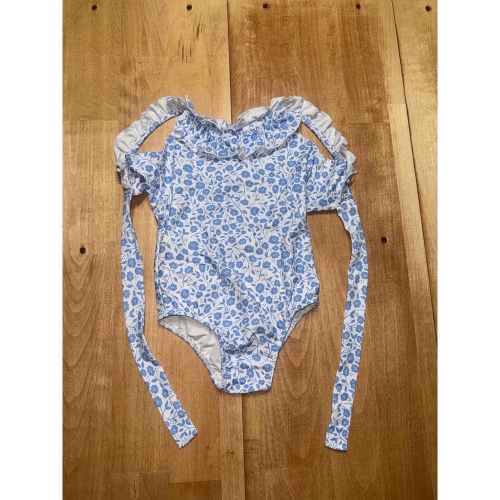 SweetHoney Girls Blue Floral Ruffle One Piece Swimsuit Size‎ 5Y Cross Back Tie